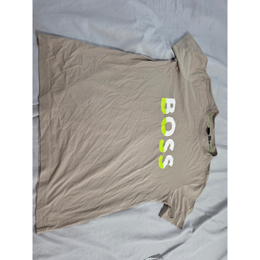 Hugo Boss Mens Tee Shirt Tan Beige Neon Lime Green Logo Graphic Crew Neck Medium